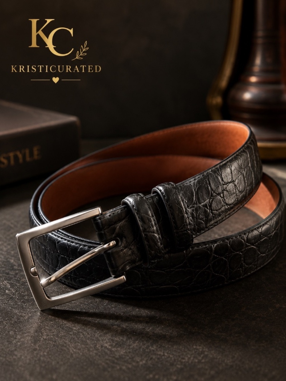 Torino Leather Black Alligator Grain Embossed Calfskin Belt Size 44 Made in USA